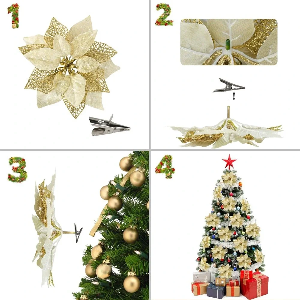 12pc Champagne Gold Glitter Poinsettia Christmas Tree Ornaments with Clips 8.7in